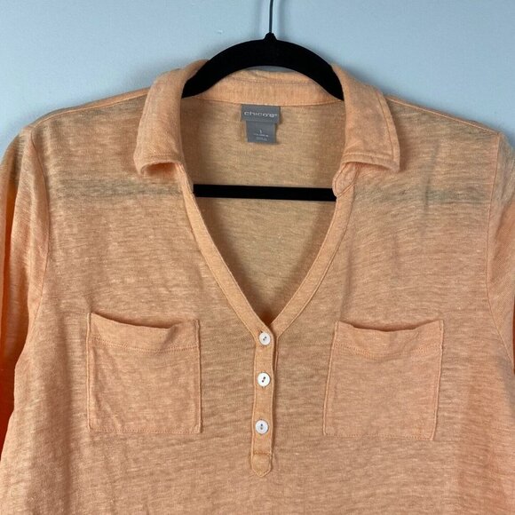 Chicos Linen Pocket Top Womens 1 US Medium Orange Henley Pullover Knit Shirt - Picture 2 of 10